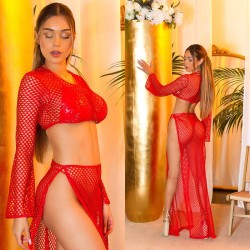 Komplet z siatki do klubu lub do bikini spódnica maxi top czerwony